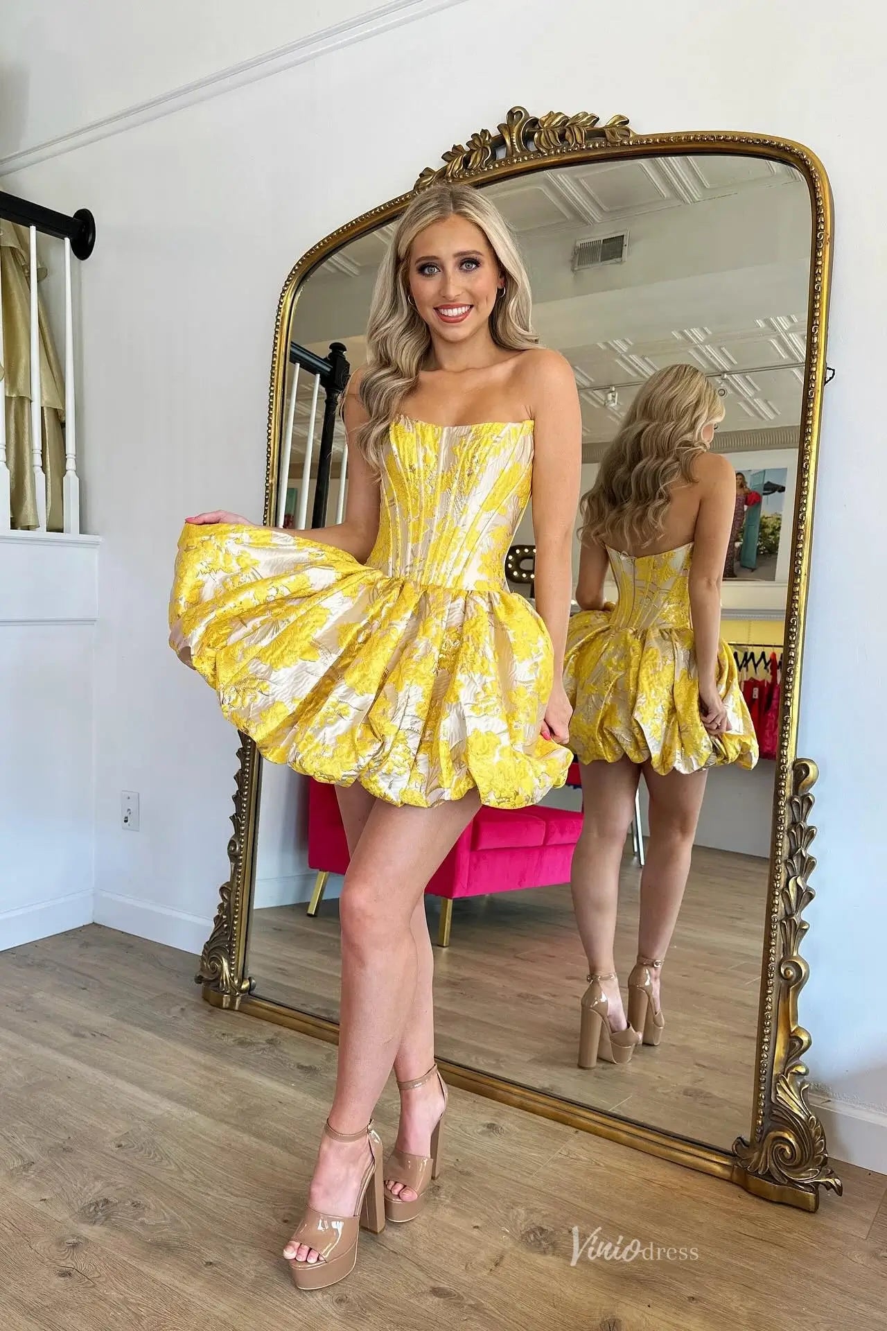 Yellow Jacquard Bubble Mini Dress Strapless Corset Homecoming Dress JC Viniodress Yellow Jacquard Bubble Mini Dress Strapless Corset Homecoming Dress JC Viniodress