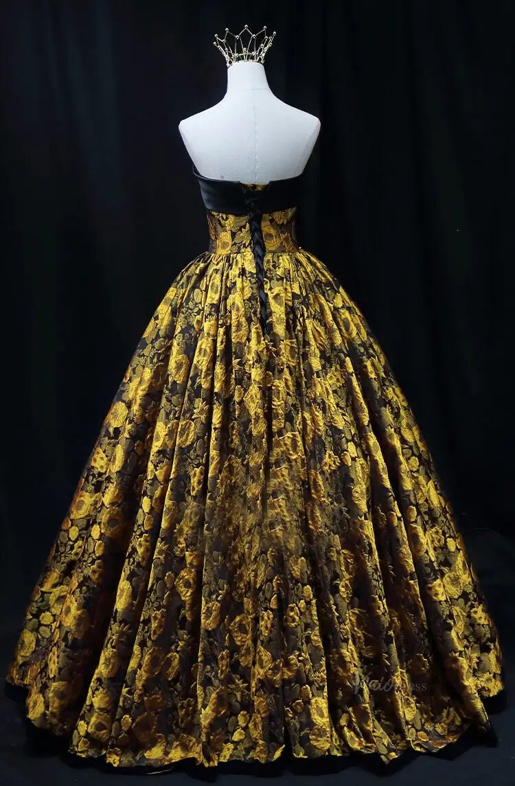 Yellow Jacquard Floral Prom Dresses Strapless Quinceanera Dresses SU079-prom dresses 2025 -Viniodress-Yellow-Custom Size-