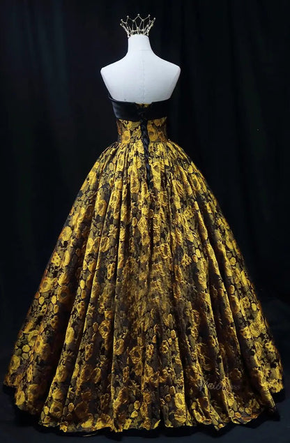 Yellow Jacquard Floral Prom Dresses Strapless Quinceanera Dresses SU079-prom dresses 2025 -Viniodress-Yellow-Custom Size-