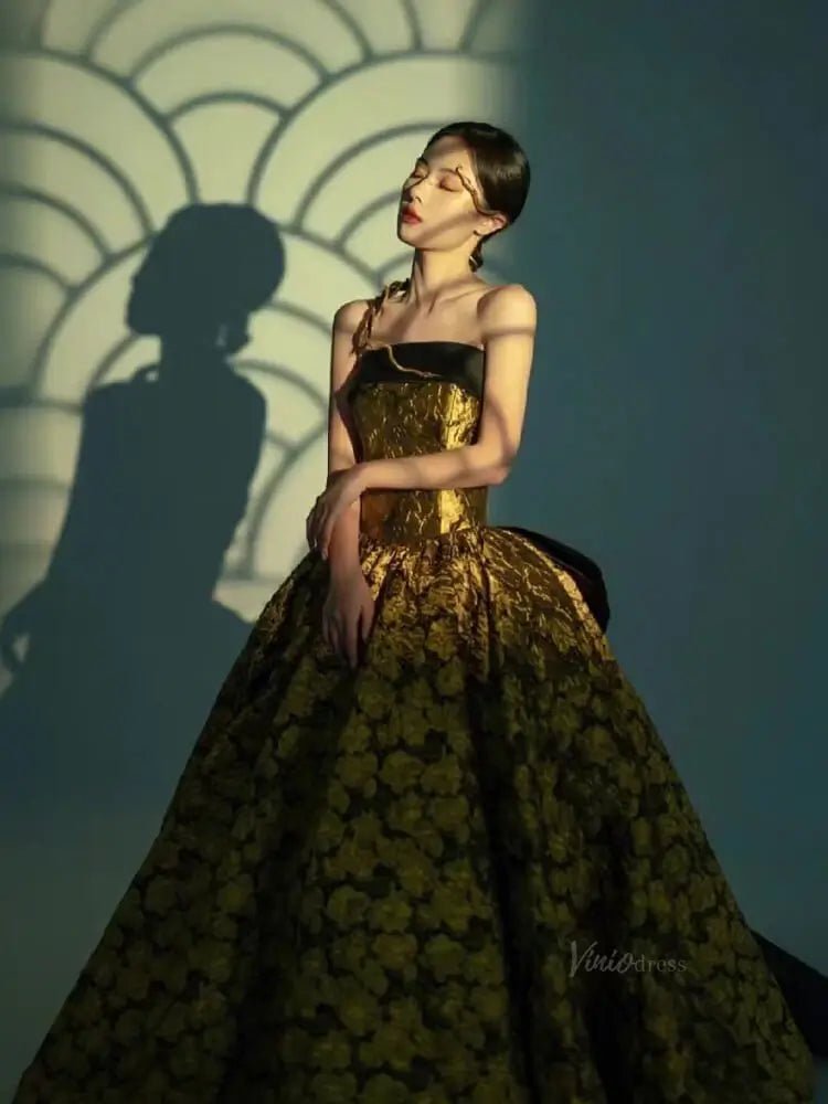 Yellow Jacquard Floral Prom Dresses Strapless Quinceanera Dresses SU079-prom dresses 2025 -Viniodress-Yellow-Custom Size-