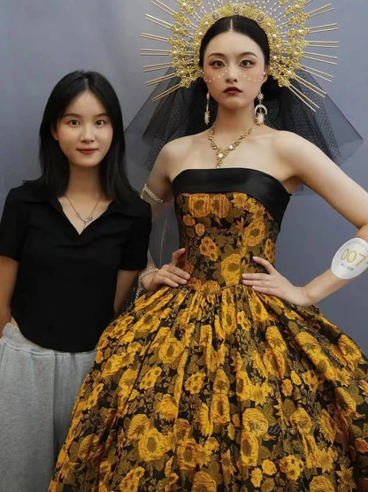 Yellow Jacquard Floral Prom Dresses Strapless Quinceanera Dresses SU079-prom dresses 2025 -Viniodress-Yellow-Custom Size-