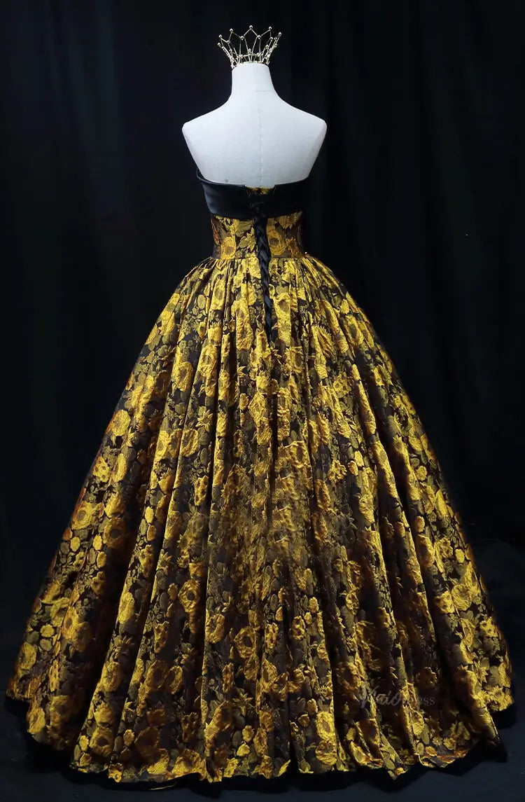 prom dresses 2025-to impress Yellow Jacquard Floral Prom Dresses Strapless Quinceanera Dresses SU079-plus size wedding dresses Viniodress-Yellow-Custom Size-