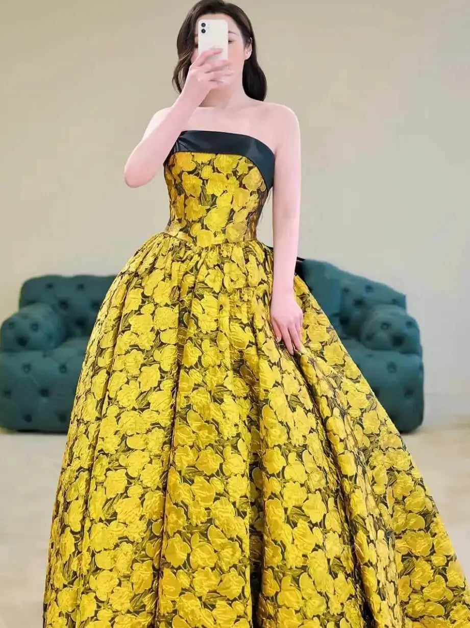 prom dresses 2025-to impress Yellow Jacquard Floral Prom Dresses Strapless Quinceanera Dresses SU079-plus size wedding dresses Viniodress-Yellow-Custom Size-