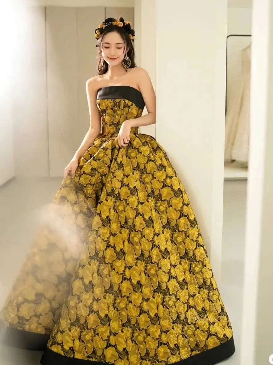 prom dresses 2025-to impress Yellow Jacquard Floral Prom Dresses Strapless Quinceanera Dresses SU079-plus size wedding dresses Viniodress-Yellow-Custom Size-