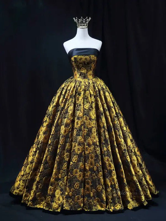 Yellow Jacquard Floral Prom Dresses Strapless Quinceanera Dresses SU079 - Viniodressprom dressesYellowCustom Size - Formal Dresses - Ball Gowns