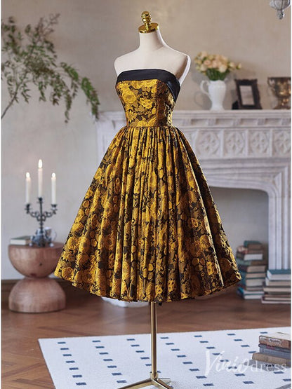 Yellow Jacquard Satin Hoco 2024 Strapless Back to School Dress 8003-prom dresses 2025 -Viniodress-Yellow-Custom Size-