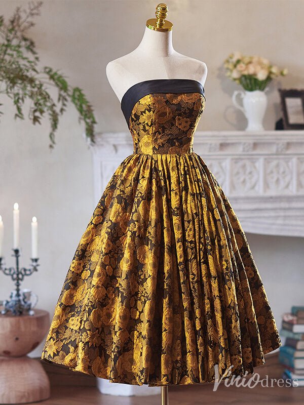 Yellow Jacquard Satin Hoco 2024 Strapless Back to School Dress 8003-prom dresses 2025 -Viniodress-Yellow-Custom Size-