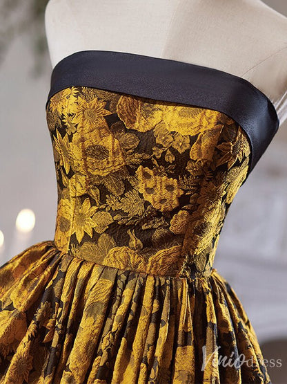 Yellow Jacquard Satin Hoco 2024 Strapless Back to School Dress 8003-prom dresses 2025 -Viniodress-Yellow-Custom Size-