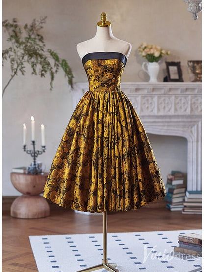 Yellow Jacquard Satin Hoco 2024 Strapless Back to School Dress 8003-prom dresses 2025 -Viniodress-Yellow-Custom Size-