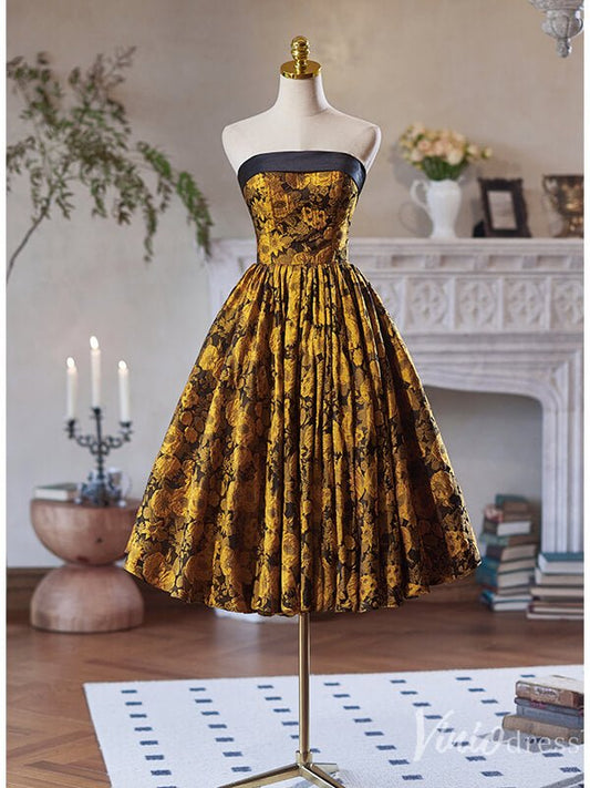 Yellow Jacquard Satin Hoco 2024 Strapless Back to School Dress 8003-prom dresses 2025 -Viniodress-Yellow-Custom Size-