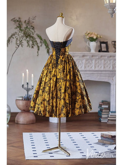 Yellow Jacquard Satin Hoco 2024 Strapless Back to School Dress 8003-prom dresses 2025 -Viniodress-Yellow-Custom Size-