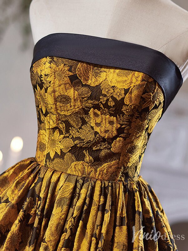 Yellow Jacquard Satin Hoco 2024 Strapless Back to School Dress 8003-prom dresses 2025 -Viniodress-Yellow-Custom Size-