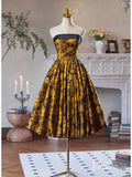 Yellow Jacquard Satin Hoco 2024 Strapless Back to School Dress 8003