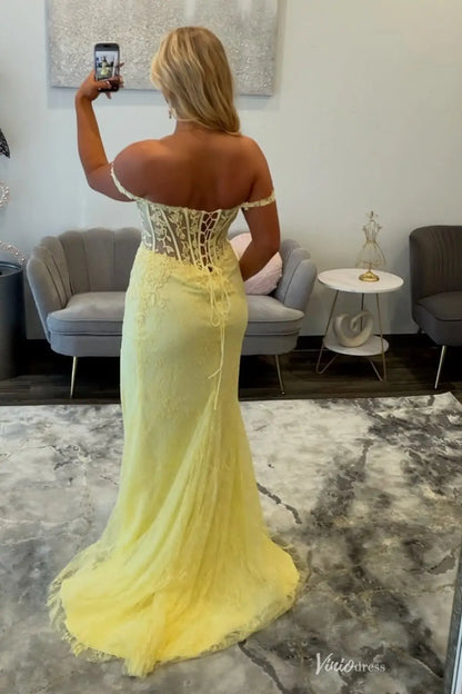 Yellow Lace Applique Prom Dress with Off Shoulder Straps, Sheer Corset Bodice & High Slit – LP057-prom dresses 2026-Viniodress-Yellow-Custom Size – Add Measurements in Cart-