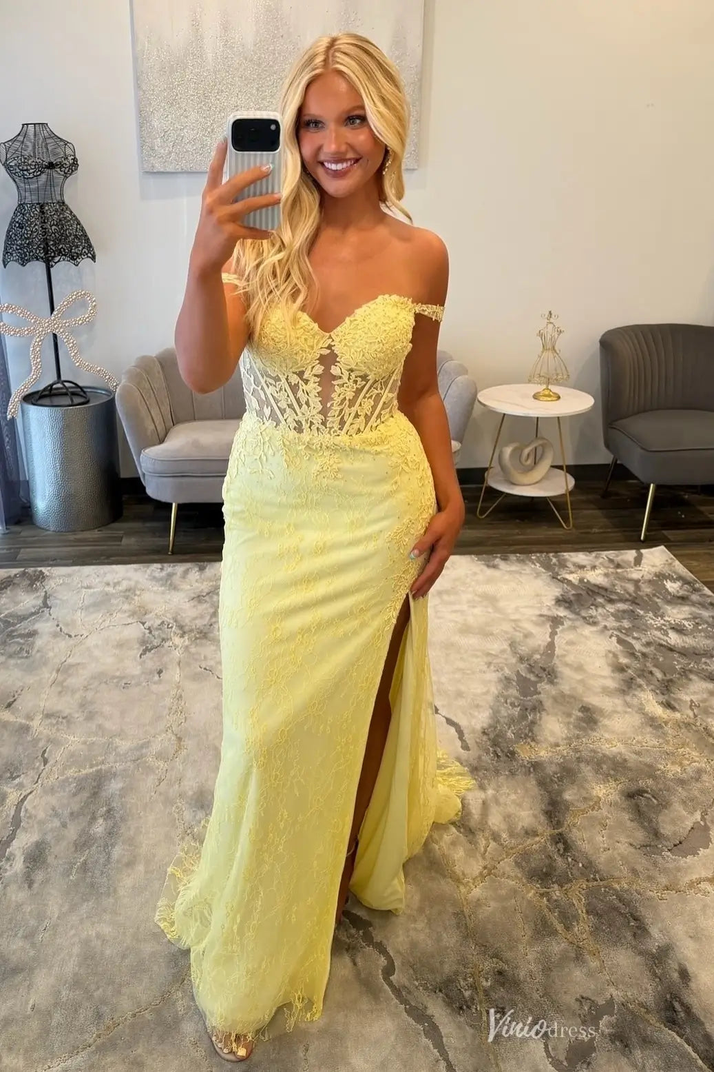 Yellow Lace Applique Prom Dress with Off Shoulder Straps, Sheer Corset Bodice & High Slit – LP057-prom dresses 2026-Viniodress-Yellow-Custom Size – Add Measurements in Cart-