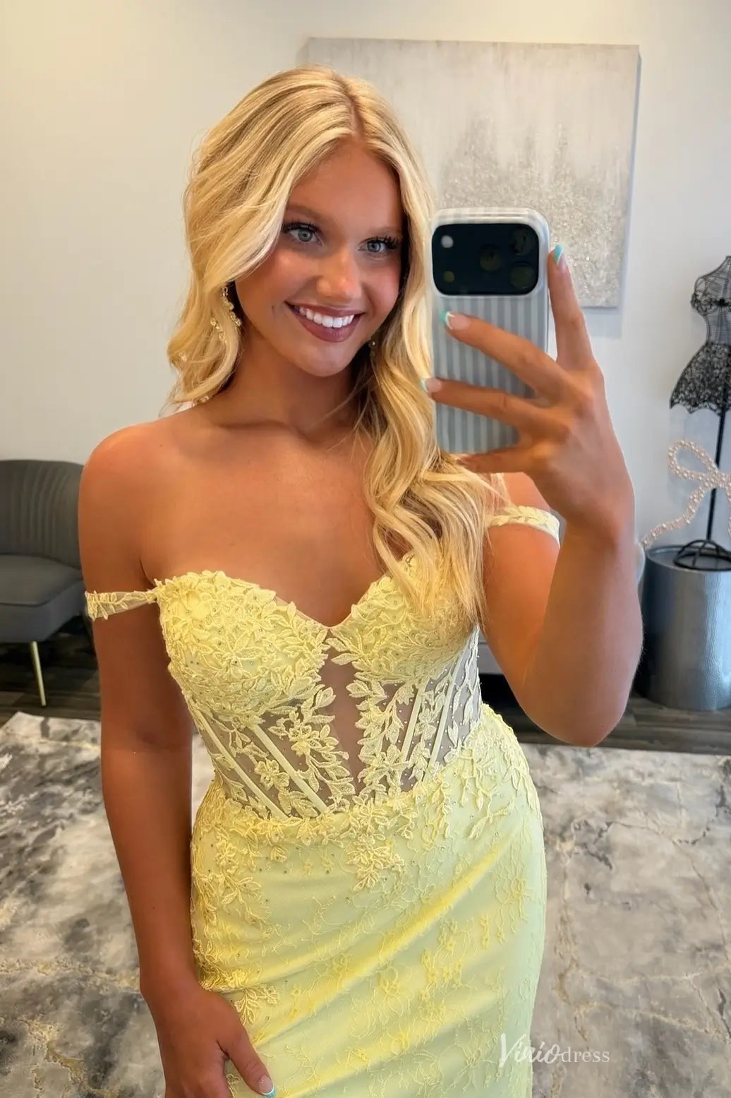Yellow Lace Applique Prom Dress with Off Shoulder Straps, Sheer Corset Bodice & High Slit – LP057-prom dresses 2026-Viniodress-Yellow-Custom Size – Add Measurements in Cart-