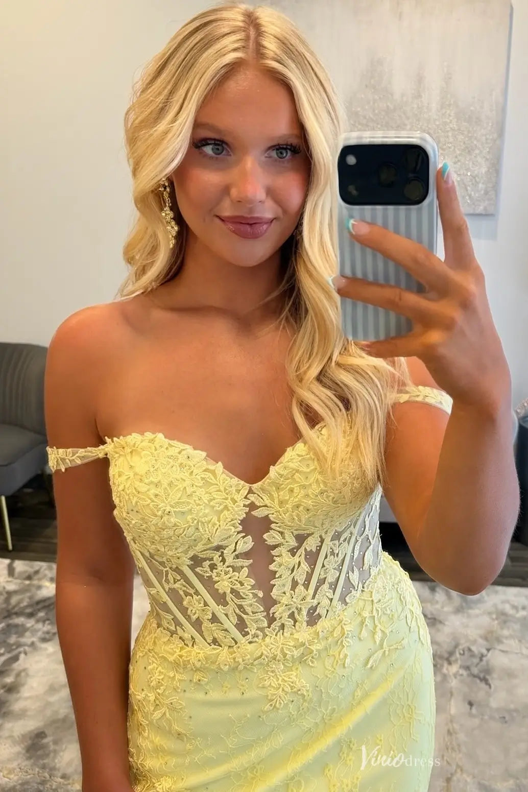 Yellow Lace Applique Prom Dress with Off Shoulder Straps, Sheer Corset Bodice & High Slit – LP057-prom dresses 2026-Viniodress-Yellow-Custom Size – Add Measurements in Cart-