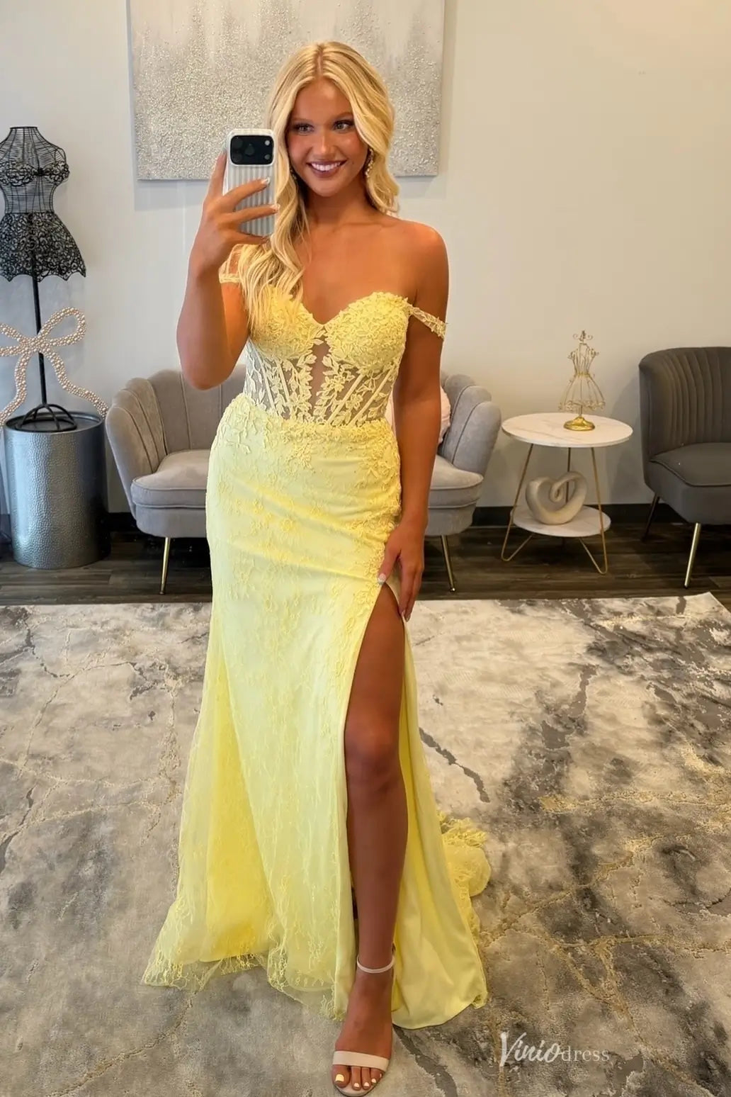 Yellow Lace Applique Prom Dress with Off Shoulder Straps, Sheer Corset Bodice & High Slit – LP057-prom dresses 2026-Viniodress-Yellow-Custom Size – Add Measurements in Cart-