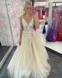 Yellow Lace Applique Prom Dresses Sheer Bodice Spaghetti Strap FD4045