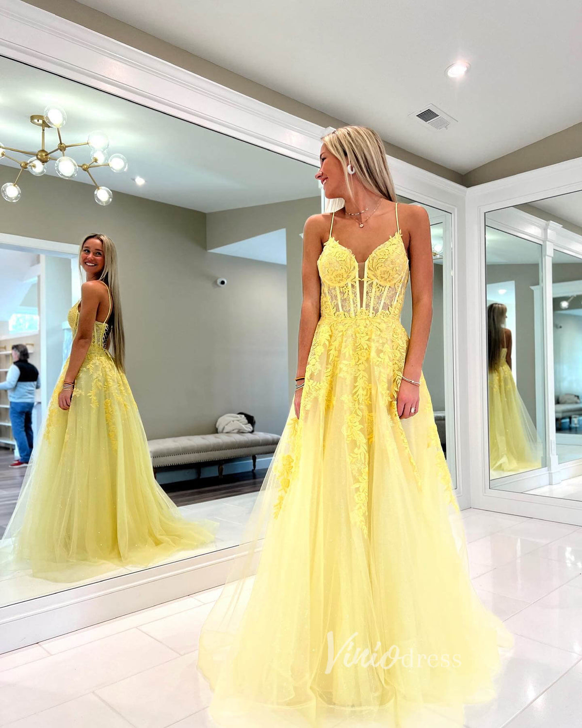 Yellow Lace Applique Prom Dresses Spaghetti Strap Evening Dress FD3632-prom dresses-Viniodress-Yellow-Custom Size-Viniodress