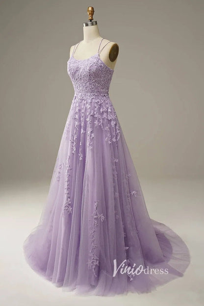 Yellow Lace Applique Prom Dresses Spaghetti Strap Formal Gown FD1265-prom dresses 2025 -Viniodress-Yellow-Custom Size-