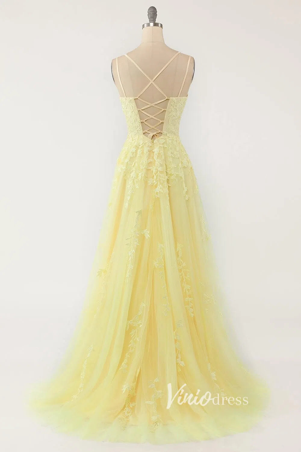 Yellow Lace Applique Prom Dresses Spaghetti Strap Formal Gown FD1265-prom dresses-Viniodress-Viniodress