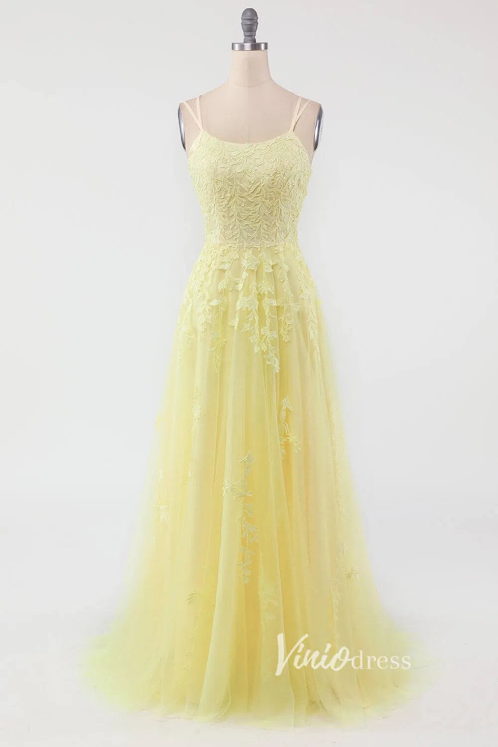 Yellow Lace Applique Prom Dresses Spaghetti Strap Formal Gown FD1265-prom dresses-Viniodress-Yellow-Custom Size-Viniodress