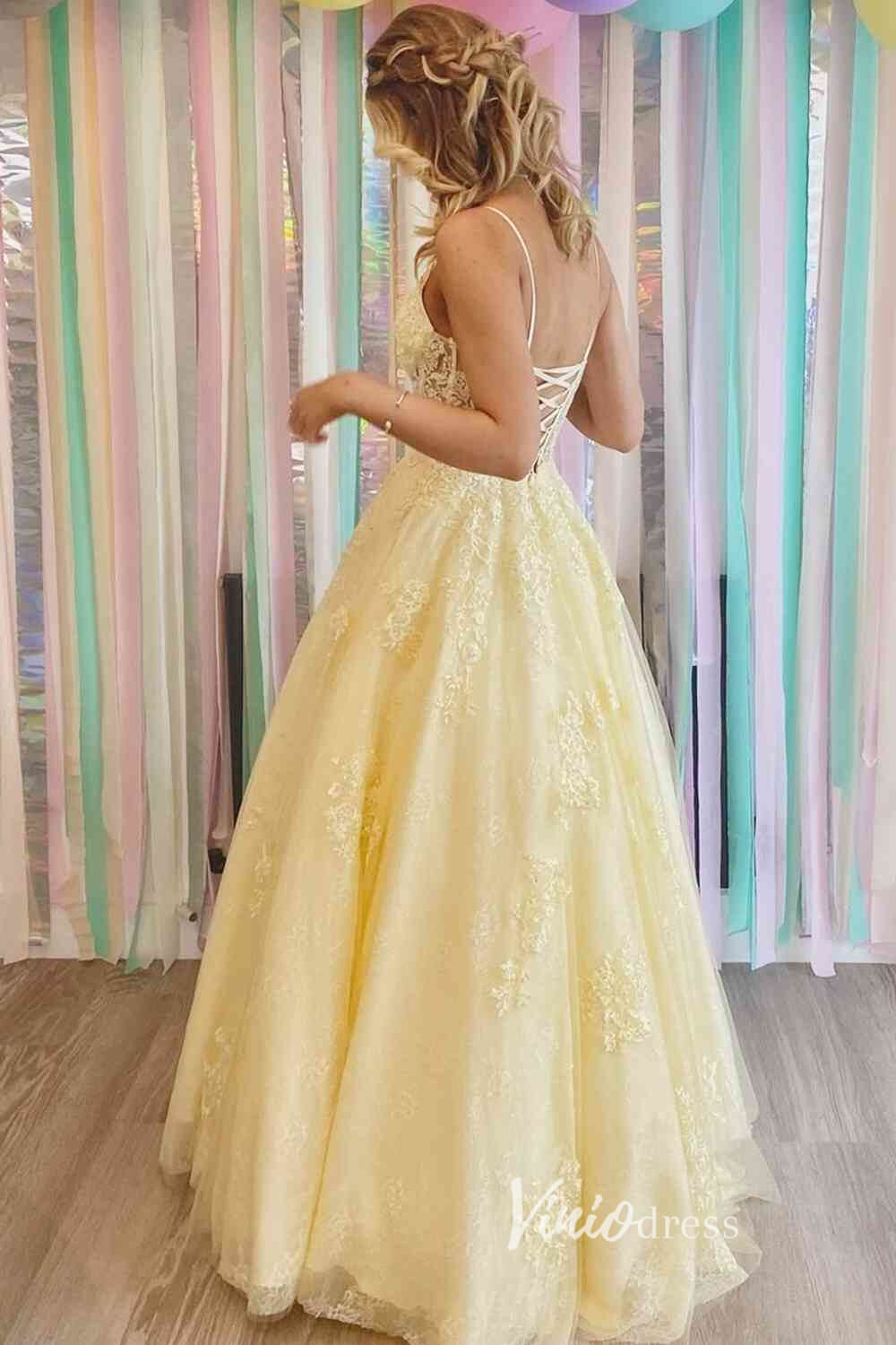 Prom Dress 2025 Yellow Lace Applique Prom Dresses Spaghetti Strap Formal Gown FD3376-unique prom dresses-Yellow-Custom Size-Viniodress