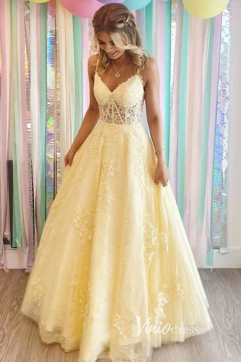 Prom Dress 2025 Yellow Lace Applique Prom Dresses Spaghetti Strap Formal Gown FD3376-unique prom dresses-Yellow-Custom Size-Viniodress