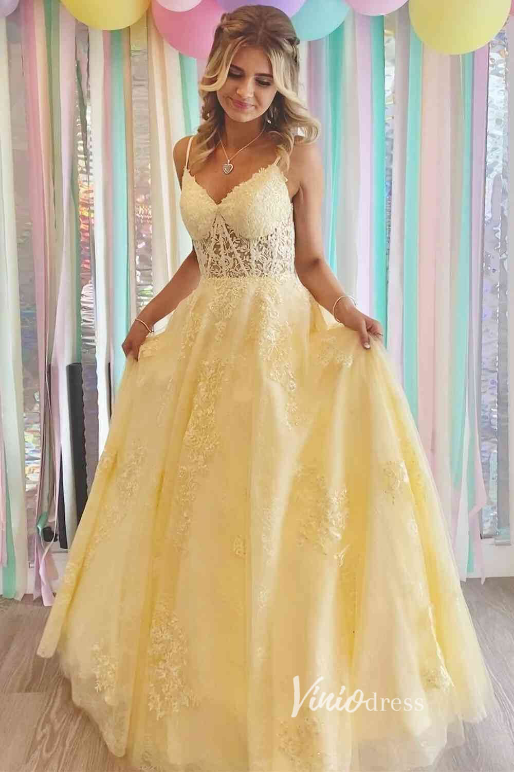 Prom Dress 2025 Yellow Lace Applique Prom Dresses Spaghetti Strap Formal Gown FD3376-unique prom dresses-Yellow-Custom Size-Viniodress