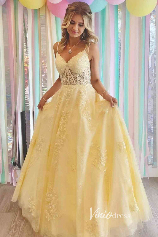 Prom Dress 2025 Yellow Lace Applique Prom Dresses Spaghetti Strap Formal Gown FD3376-unique prom dresses-Yellow-Custom Size-Viniodress