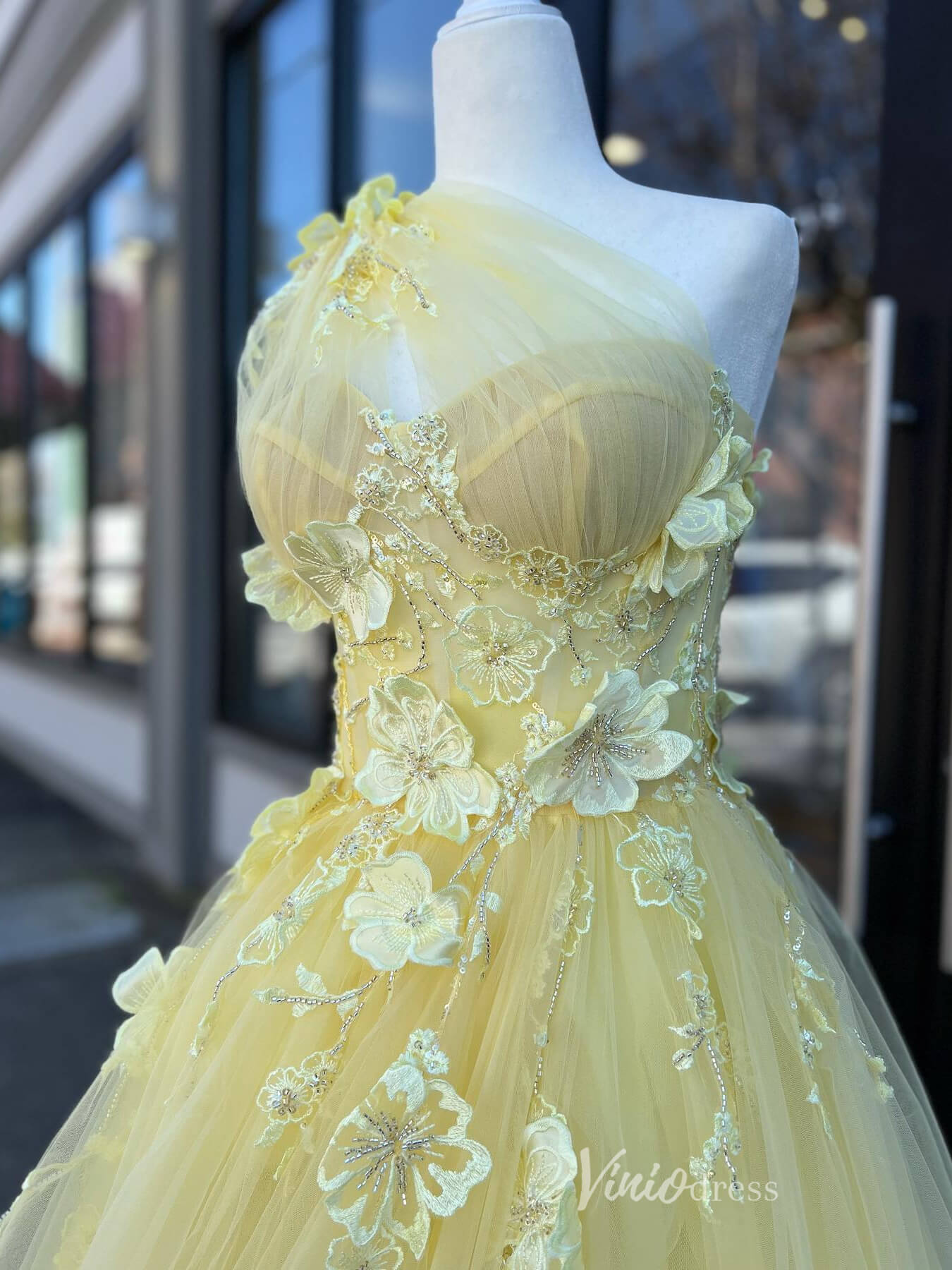 Yellow Lace Applique Prom Dresses with Slit One Shouder Formal Gown FD4014-prom dresses 2025 -Viniodress-Yellow-Custom Size-