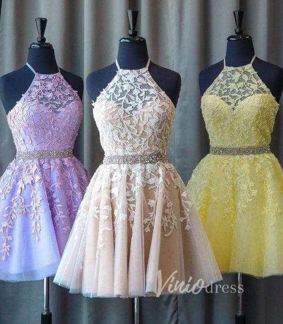 Yellow Lace Homecoming Dresses Halter Short Prom Dress FD1265S-Homecoming Dresses 2025 -Viniodress-Lavender-Custom Size-