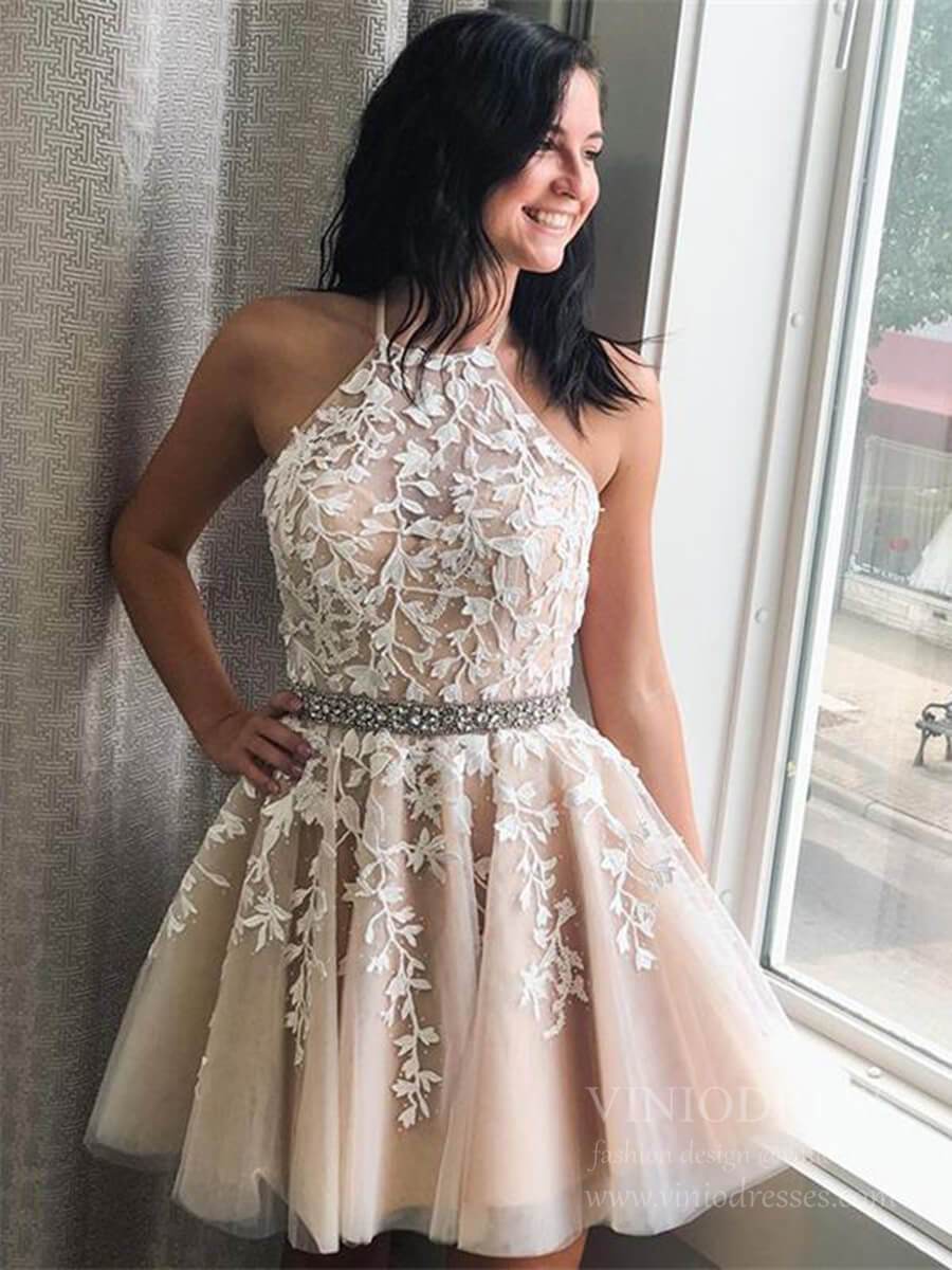 Yellow Lace Homecoming Dresses Halter Short Prom Dress FD1265S-Homecoming Dresses 2025 -Viniodress-Nude-Custom Size-