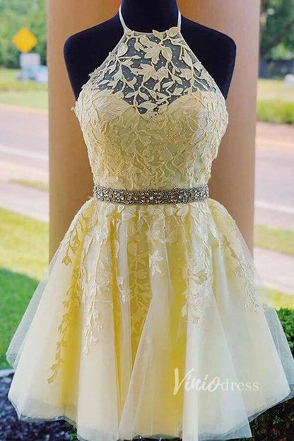Yellow Lace Homecoming Dresses Halter Short Prom Dress FD1265S-Homecoming Dresses 2025 -Viniodress-Yellow-Custom Size-
