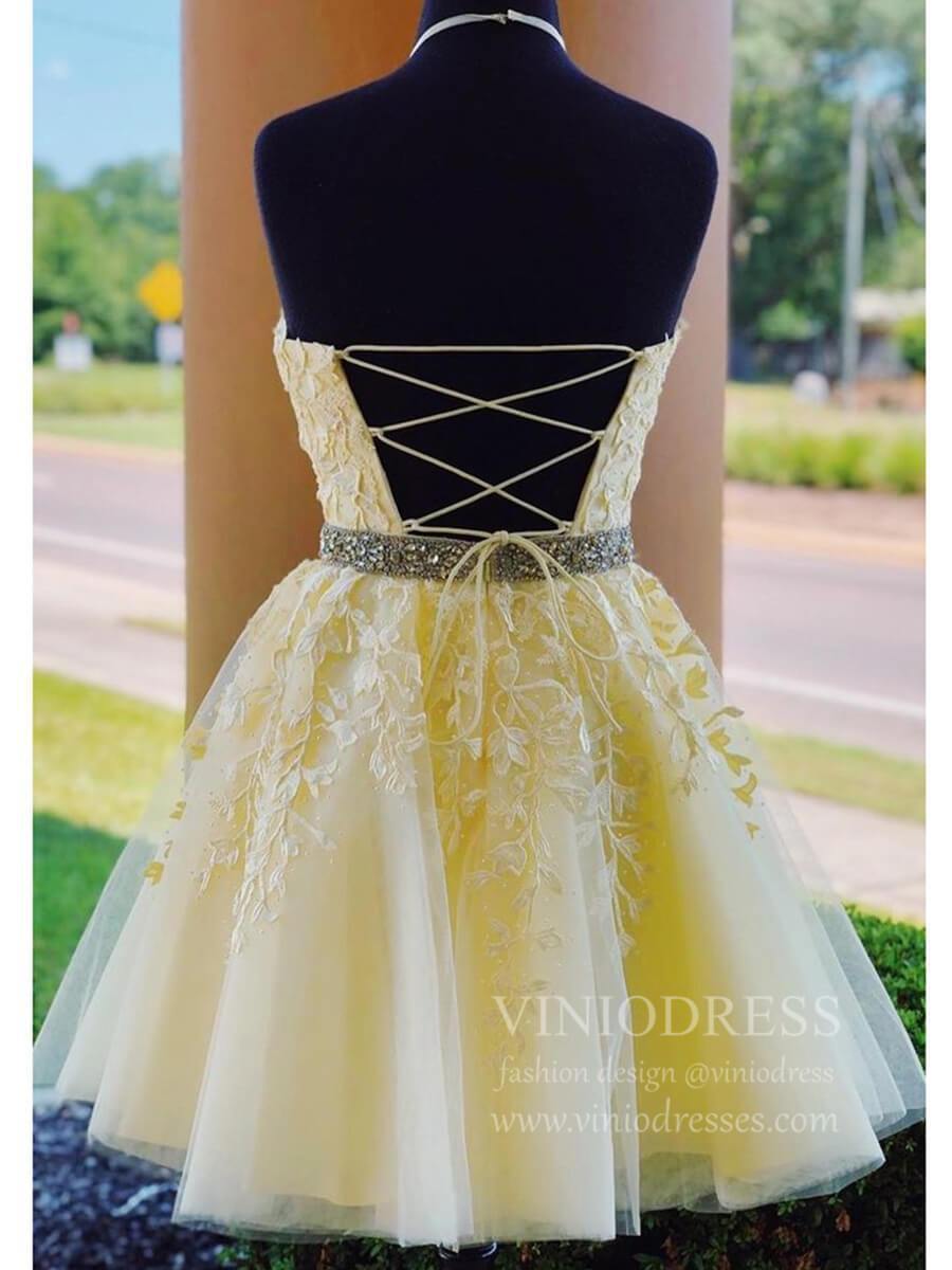 Yellow Lace Homecoming Dresses Halter Short Prom Dress FD1265S-Homecoming Dresses 2025 -Viniodress-Yellow-Custom Size-
