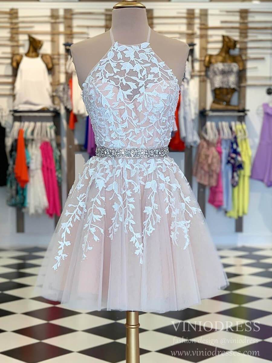 Yellow Lace Homecoming Dresses Halter Short Prom Dress FD1265S-Homecoming Dresses 2025 -Viniodress-Yellow-Custom Size-