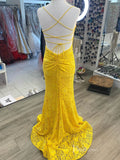 Yellow Lace Mermaid Cheap Prom Dresses Spaghetti Strap Evening Dress FD4010-prom dresses-Viniodress-Viniodress