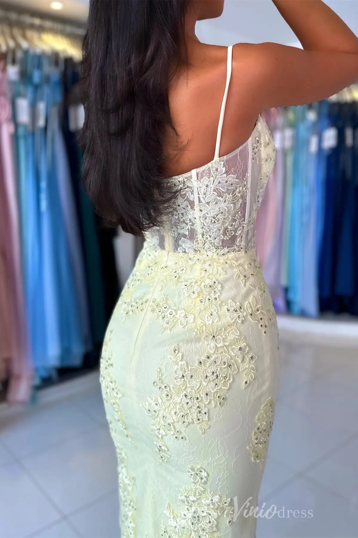 Yellow Lace Mermaid Prom Dress with Spaghetti Straps, Sheer Corset Bodice, Floral Appliqué – SS059-prom dresses 2025 -Viniodress-Yellow-Custom Size-
