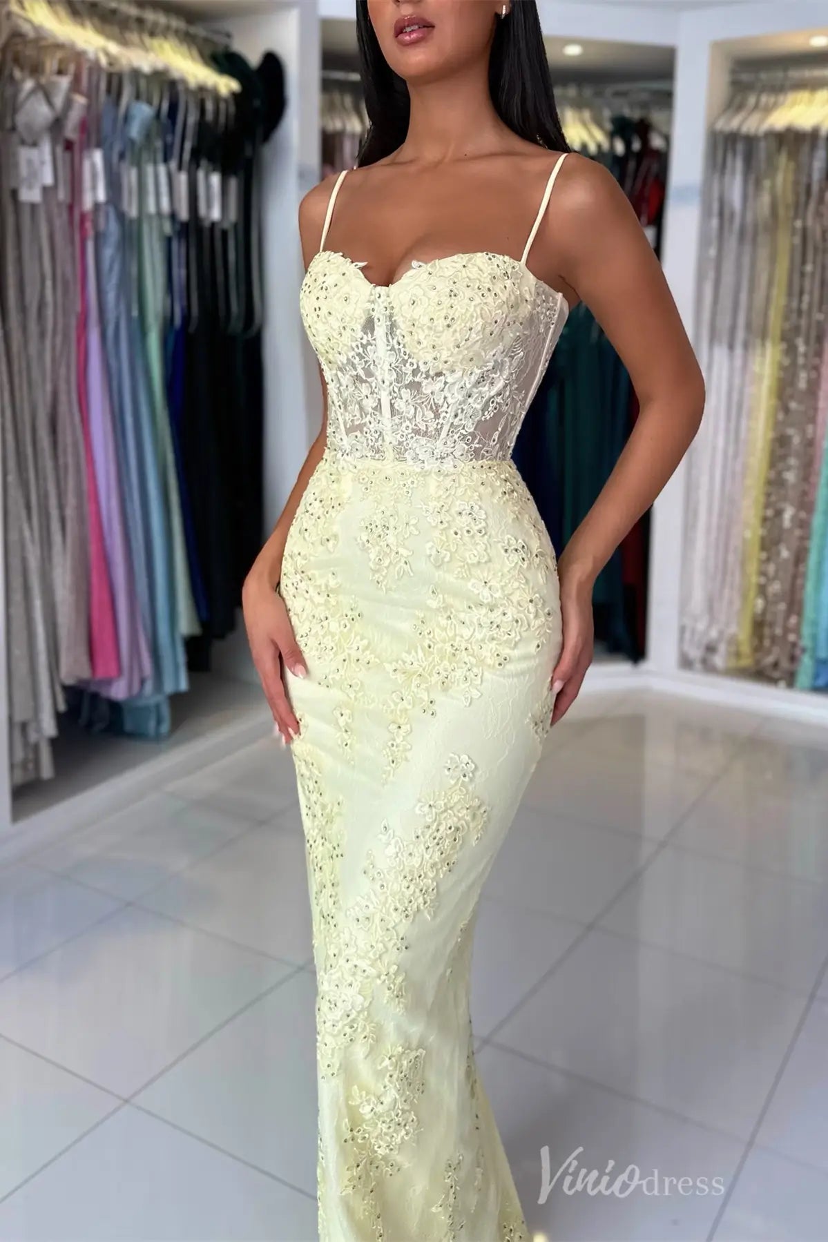 Yellow Lace Mermaid Prom Dress with Spaghetti Straps, Sheer Corset Bodice, Floral Appliqué – SS059-prom dresses 2025 -Viniodress-Yellow-Custom Size-