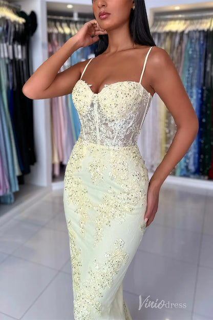 Yellow Lace Mermaid Prom Dress with Spaghetti Straps, Sheer Corset Bodice, Floral Appliqué – SS059-prom dresses 2025 -Viniodress-Yellow-Custom Size-