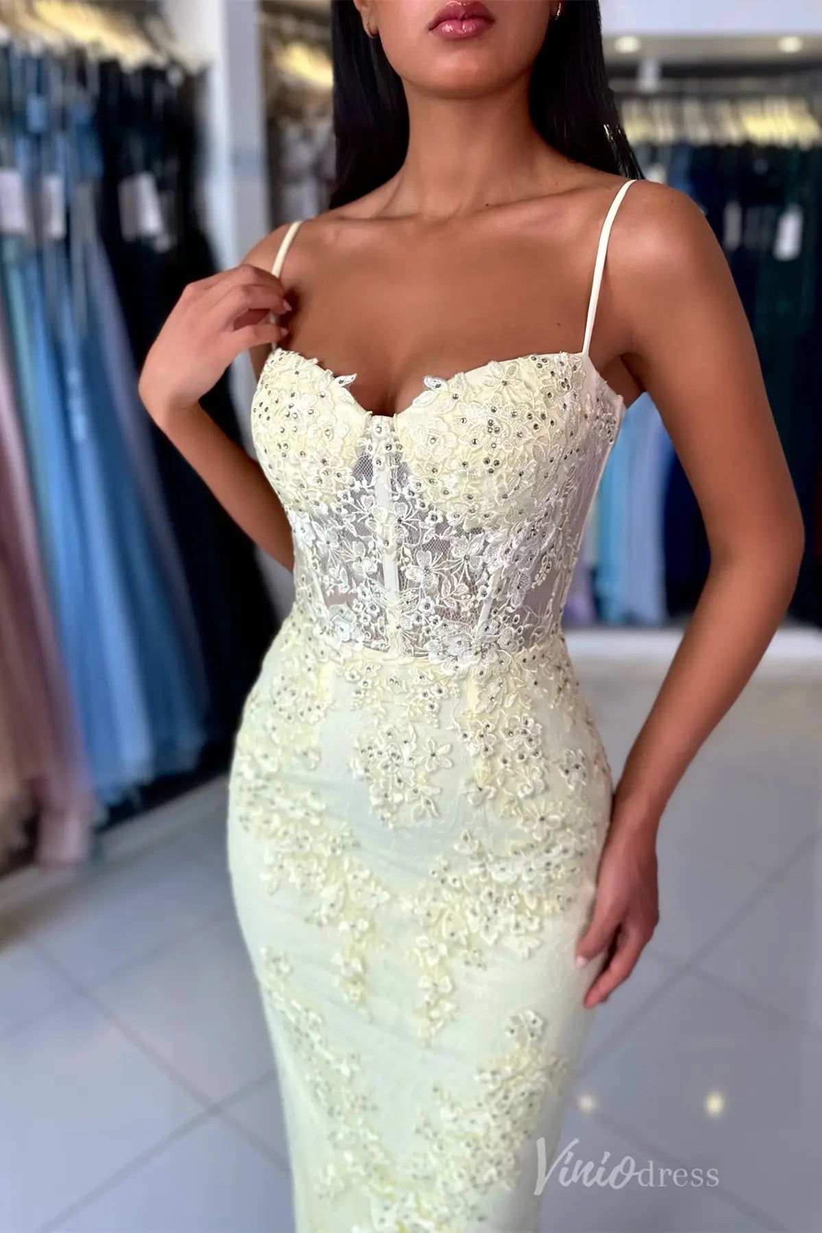 Yellow Lace Mermaid Prom Dress with Spaghetti Straps, Sheer Corset Bodice, Floral Appliqué – SS059-prom dresses 2025 -Viniodress-Yellow-Custom Size-