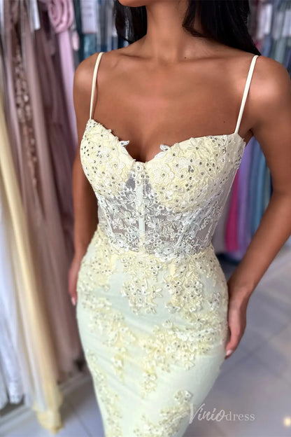 Yellow Lace Mermaid Prom Dress with Spaghetti Straps, Sheer Corset Bodice, Floral Appliqué – SS059-prom dresses 2025 -Viniodress-Yellow-Custom Size-