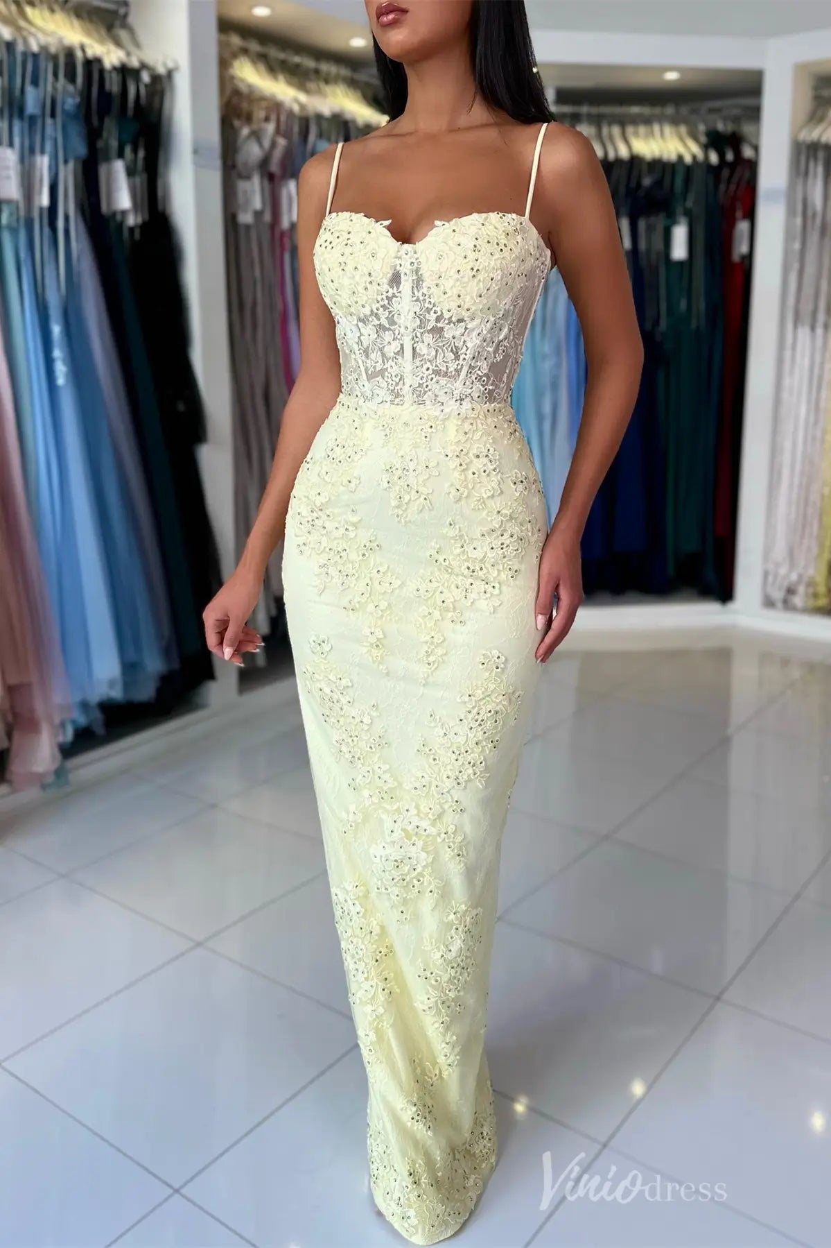 Yellow Lace Mermaid Prom Dress with Spaghetti Straps, Sheer Corset Bodice, Floral Appliqué – SS059-prom dresses 2025 -Viniodress-Yellow-Custom Size-