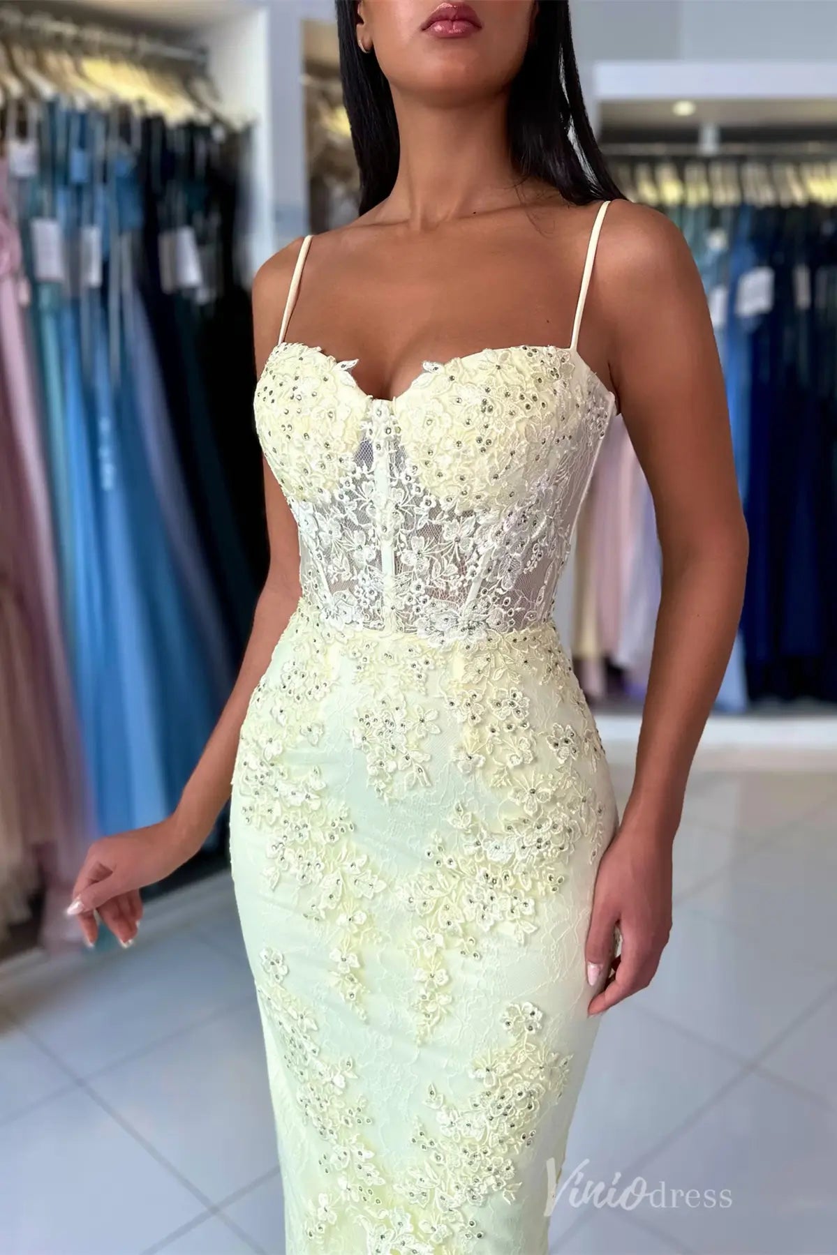 Yellow Lace Mermaid Prom Dress with Spaghetti Straps, Sheer Corset Bodice, Floral Appliqué – SS059-prom dresses 2025 -Viniodress-Yellow-Custom Size-