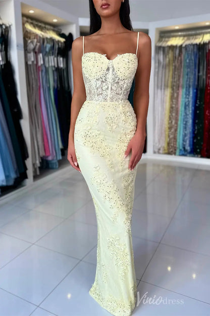 Yellow Lace Mermaid Prom Dress with Spaghetti Straps, Sheer Corset Bodice, Floral Appliqué – SS059-prom dresses 2025 -Viniodress-Yellow-Custom Size-