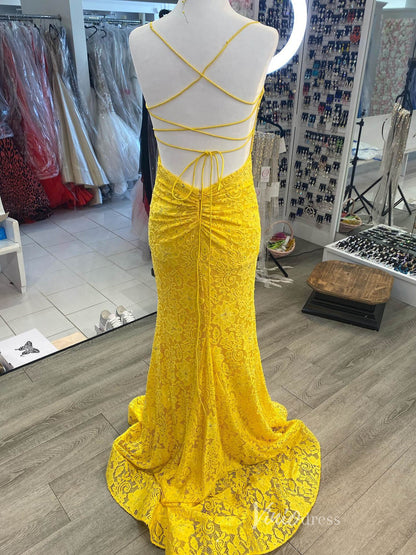 Yellow Lace Mermaid Prom Dresses Spaghetti Strap Evening Dress FD4010-prom dresses 2025 -Viniodress-Yellow-Custom Size-