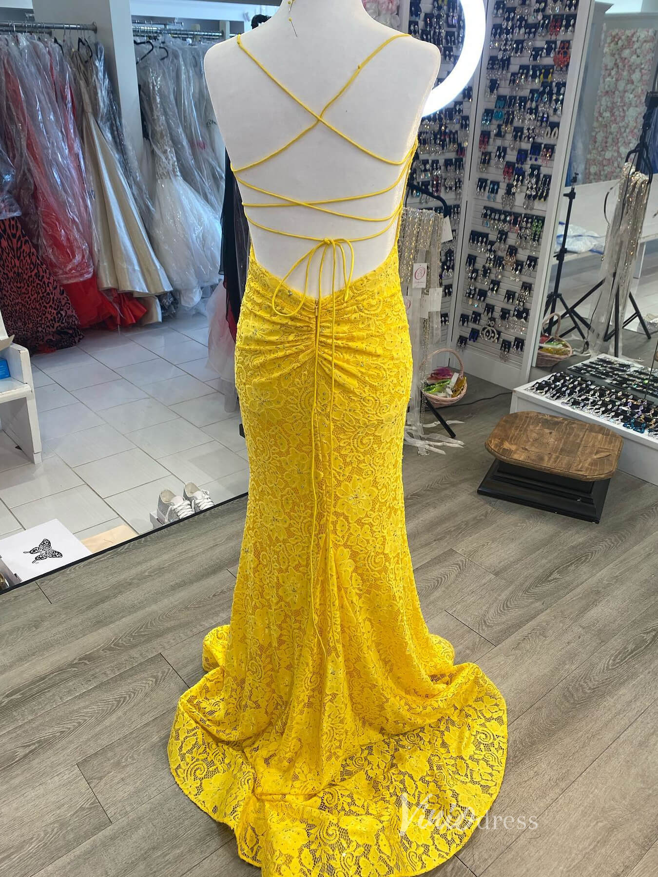 Yellow Lace Mermaid Prom Dresses Spaghetti Strap Evening Dress FD4010 - Viniodressprom dressesYellowCustom Size - Formal Dresses - Ball Gowns