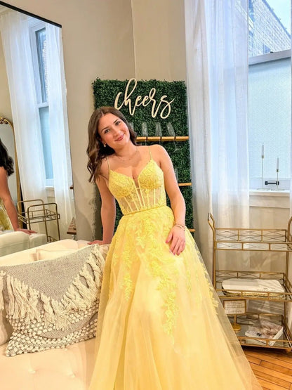 Yellow Lace Tulle Prom Dress with Spaghetti Strap, Sweetheart Neckline & Sheer Boned Bodice – Style FD6053-prom dresses 2025 -Viniodress-Yellow-Custom Size-
