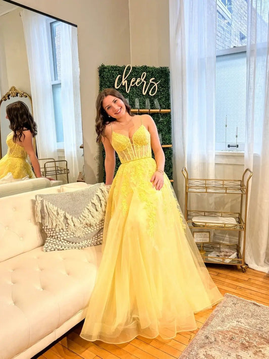 Yellow Lace Tulle Prom Dress with Spaghetti Strap, Sweetheart Neckline & Sheer Boned Bodice – Style FD6053-prom dresses 2025 -Viniodress-Yellow-Custom Size-